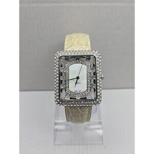 Adrienne Womens Rhinestone Open Square Watch Cream Croc Leather New Battery